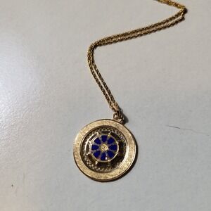 Marked Vintage Gold Filled Blue Enamel Wheel Medallion Necklace Twisted Rope
